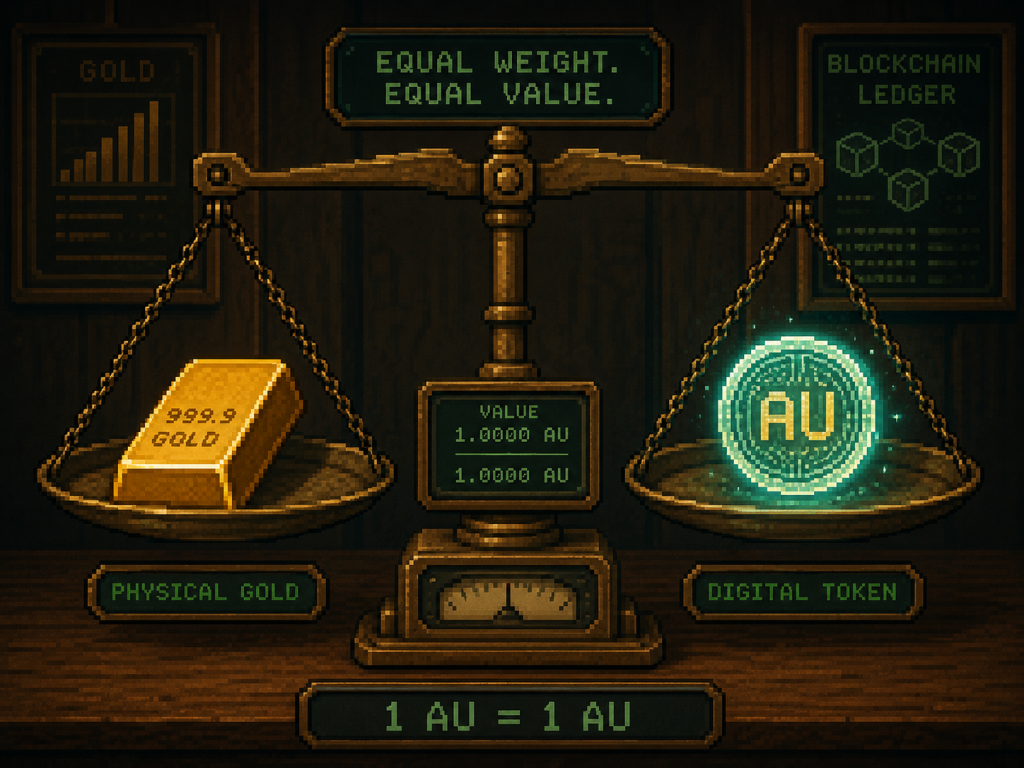 Balança antiga de pratos equilibrando perfeitamente uma barra de ouro física de um lado e um token digital brilhante do outro.
