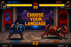 ela de videogame de luta retro mostrando um duelo entre o escudo da linguagem Solidity e o mascote caranguejo da linguagem Rust.