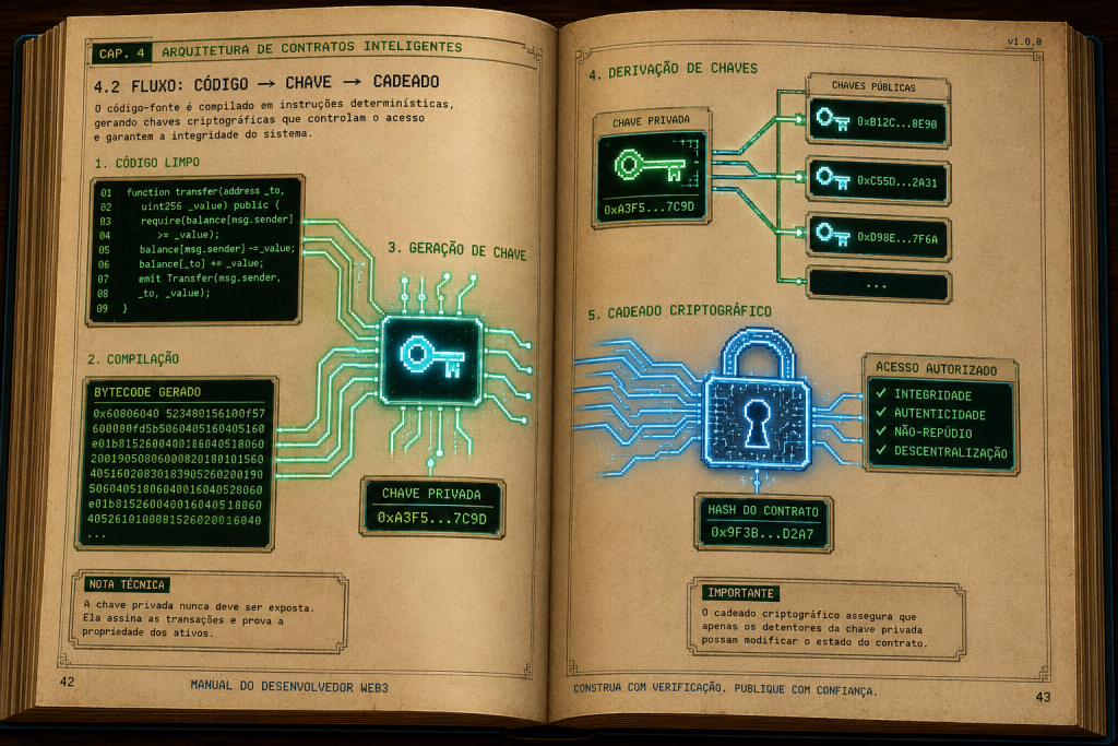 Manual de instruções antigo aberto exibindo um circuito eletrônico com códigos, chaves e cadeados criptográficos.