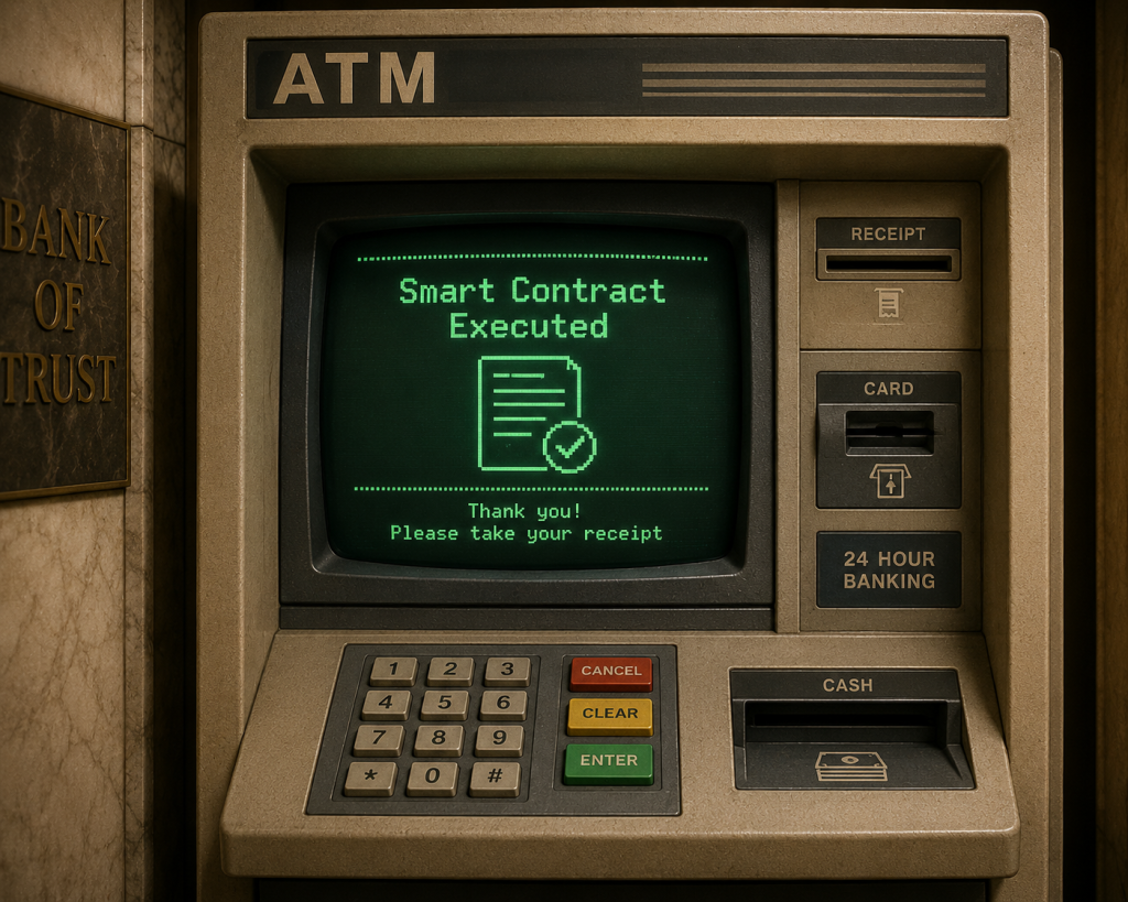 Caixa eletrônico (ATM) com design retro dos anos 90 exibindo a mensagem "Smart Contract Executed" na tela verde.