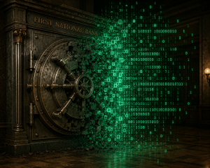 Cofre de banco tradicional antigo se desintegrando e se transformando em códigos verdes brilhantes de computador.