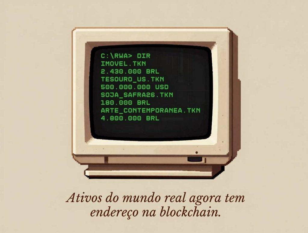 Tela de computador retrô estilo DOS exibindo uma listagem de tokens de ativos reais como imóveis, títulos e commodities, ilustrando a variedade de RWAs disponíveis na blockchain.