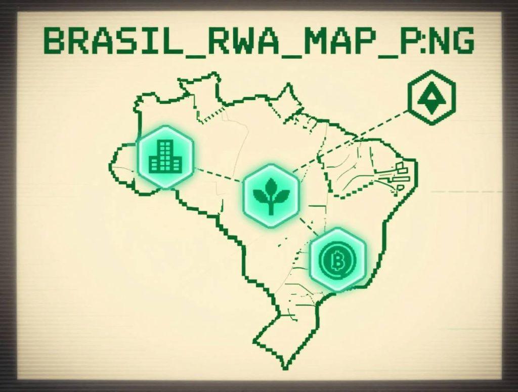 Mapa pixel-art do Brasil destacando três casos de uso principais de RWA no país: imóveis urbanos no Sudeste, agronegócio tokenizado no Centro-Oeste, e crédito privado no Sul, todos conectados à blockchain.