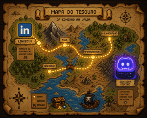 Um mapa do tesouro pixelado mostrando o caminho do LinkedIn para um servidor do Discord brilhante.