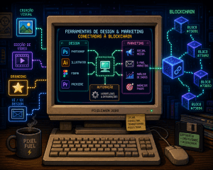 Um monitor retro exibindo ferramentas de design e marketing conectadas a blocos de blockchain.