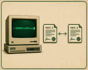 Monitor CRT antigo exibindo código de contrato inteligente com texto verde fosforescente, representando o conceito de smart contracts na Web3 em estética retro computador anos 90.