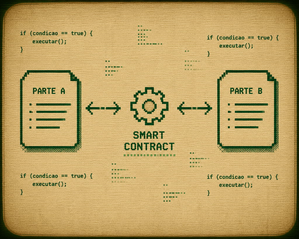 Diagrama explicativo de smart contract mostrando duas partes conectadas por código executável automático, sem intermediários, em estilo retro terminal verde.
