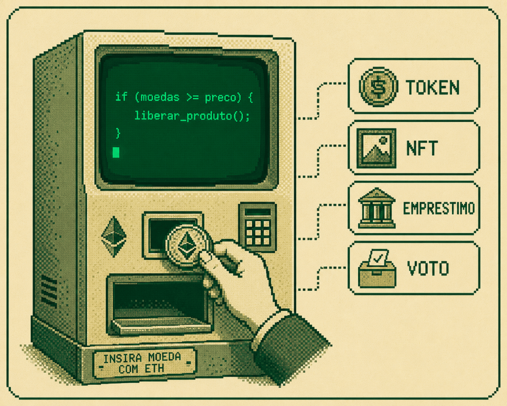 Ilustração em pixel art de máquina de vending com tela verde mostrando código de smart contract, representando a analogia de contratos inteligentes como máquinas automáticas de acordos.