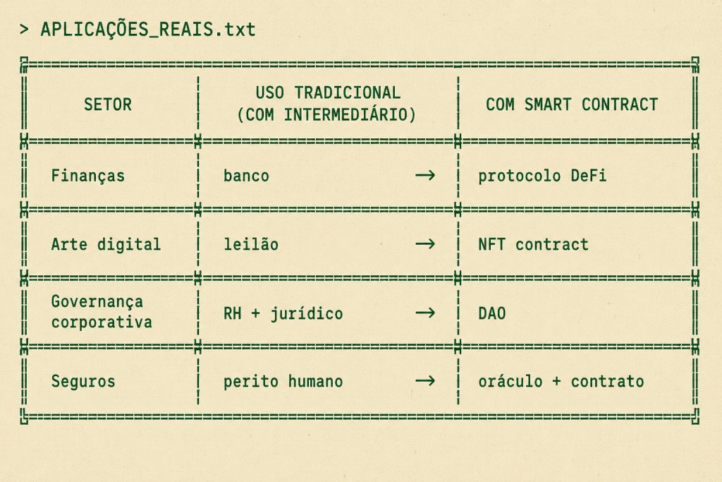 Tabela comparativa em estilo terminal retro mostrando setores de aplicação de smart contracts versus o modelo tradicional com intermediários humanos.