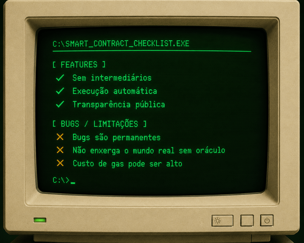Tela de terminal retro mostrando checklist de vantagens e limitações de smart contracts, incluindo imutabilidade de bugs e dependência de oráculos para dados externos.
