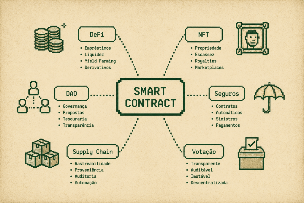 Mapa mental em estilo retro mostrando as principais aplicações de smart contracts irradiando de um nó central: DeFi, NFT, DAO, seguros, cadeia de suprimentos e votação descentralizada.