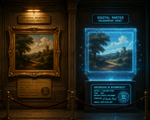 Uma galeria de arte antiga com um quadro físico de um lado e um holograma pixelado brilhante do outro, ambos com um selo de autenticidade.