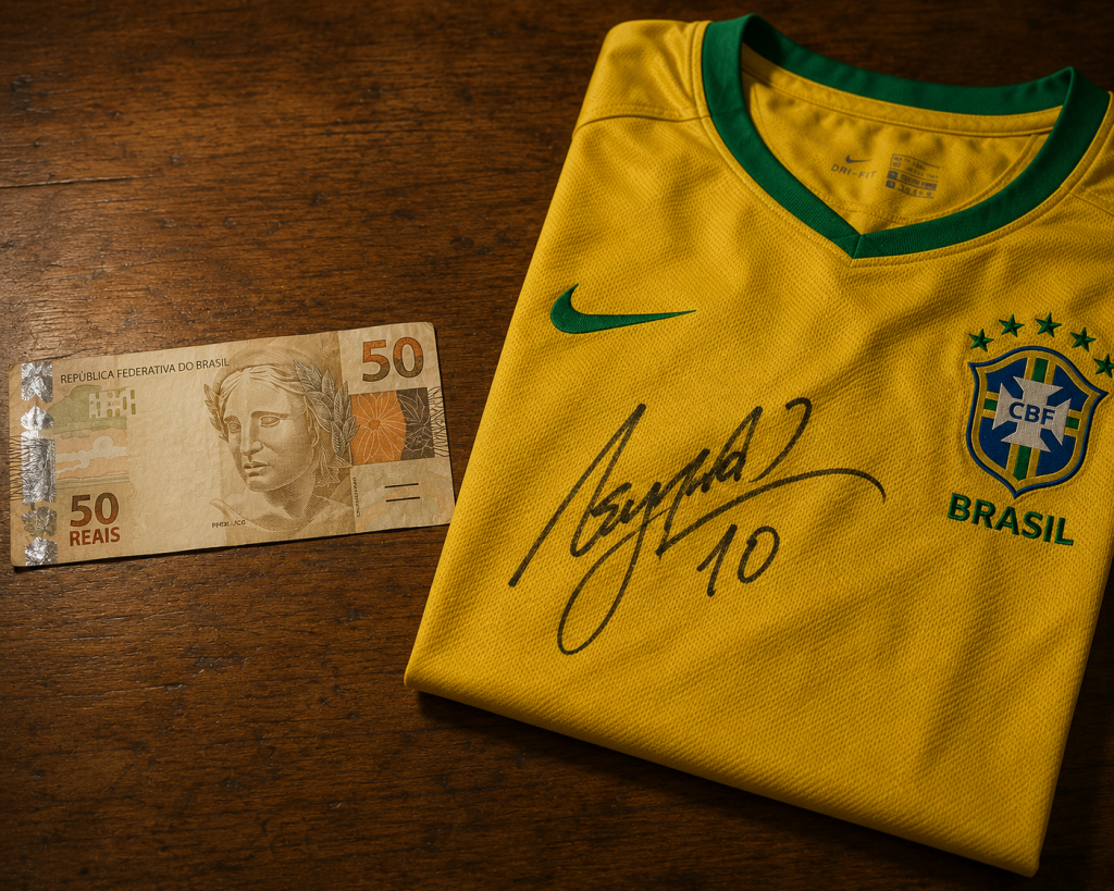 Uma nota de 50 reais ao lado de uma camisa de futebol autografada em uma mesa de madeira.