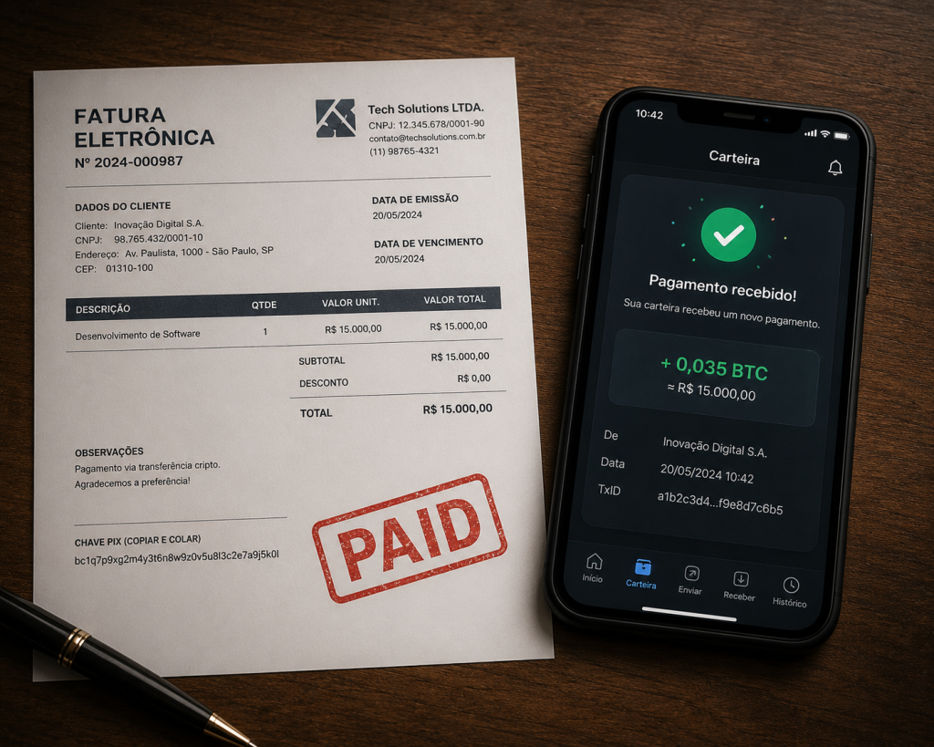 Uma fatura eletrônica (invoice) carimbada com "PAID" ao lado de um smartphone exibindo a notificação de recebimento na carteira cripto.