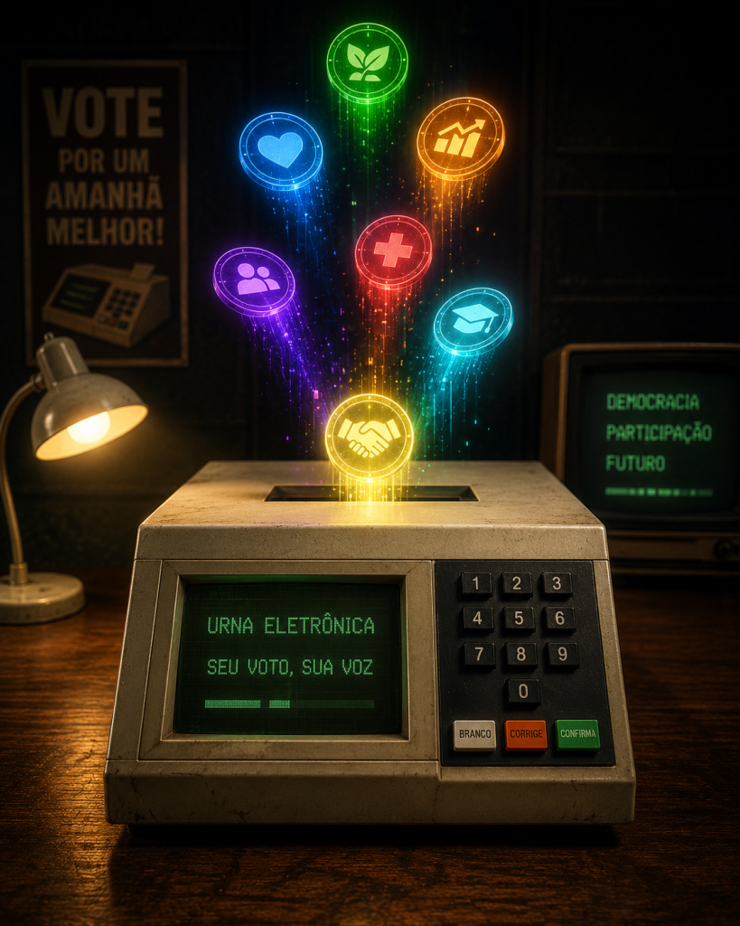 Uma urna de votação retro recebendo tokens brilhantes de diferentes cores.