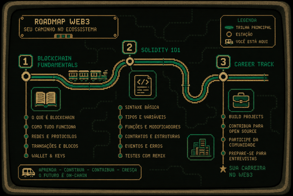 Mapa em estilo pixel art mostrando o roadmap de estudos na Cyfrin Updraft, do Blockchain Fundamentals até a escolha de uma trilha de carreira