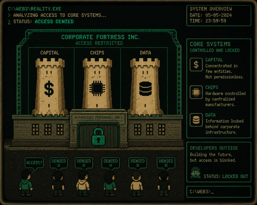 Infográfico retrô mostrando o monopólio de capital, chips e dados concentrado dentro de big techs de IA.
