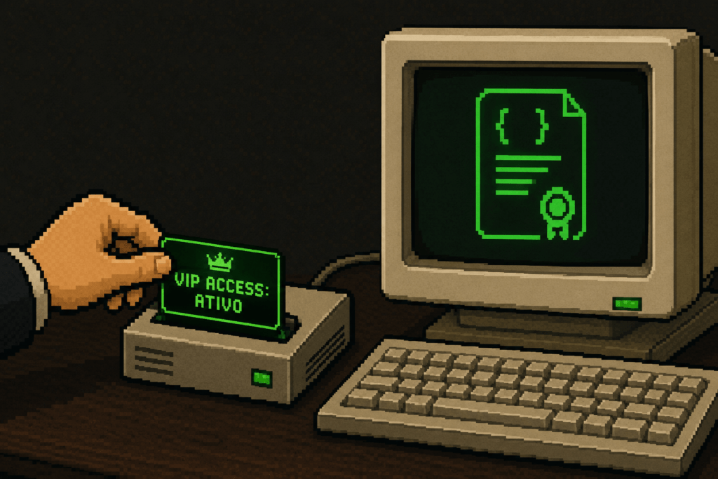  Ilustração retro representando o conceito de delegação temporária de poderes do EIP-7702, como um crachá VIP.