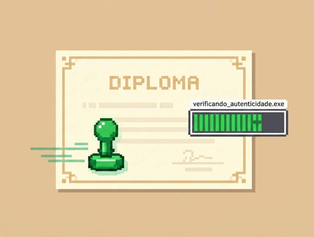 Ilustração de um diploma digital sendo validado por um sistema de verificação em blockchain, em estilo retro de computador.