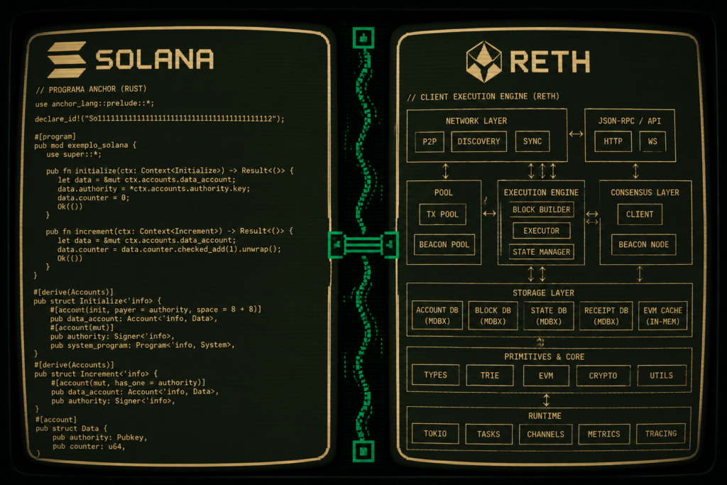 Comparação visual entre o desenvolvimento em Rust na Solana e no cliente Reth da Ethereum