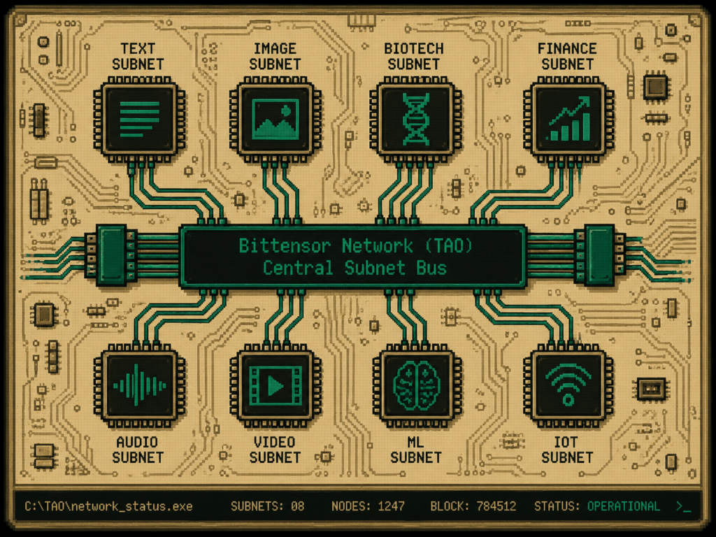 Diagrama retrô estilo placa-mãe mostrando subnets especializadas conectadas a uma rede central de IA descentralizada.