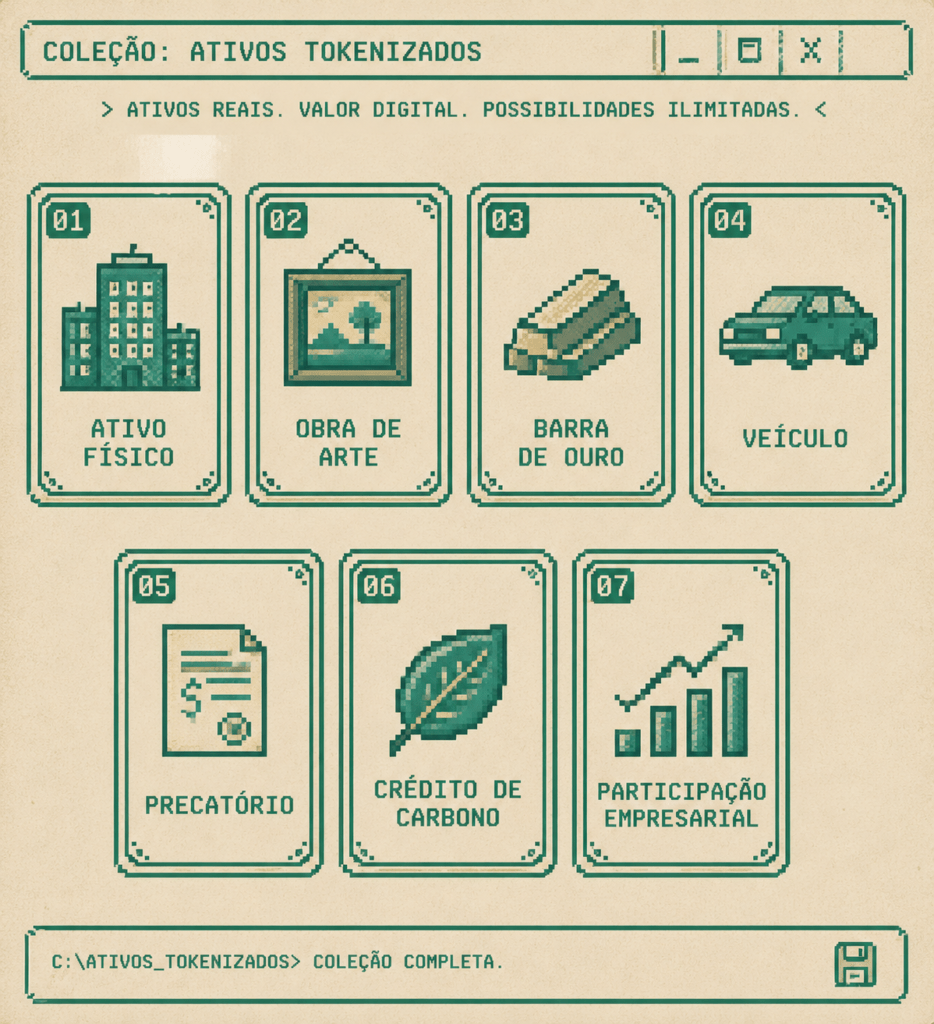 Ilustração pixel art com sete tipos de ativos que podem ser tokenizados: imóveis, arte, ouro, carros, precatórios, créditos de carbono e participações empresariais.