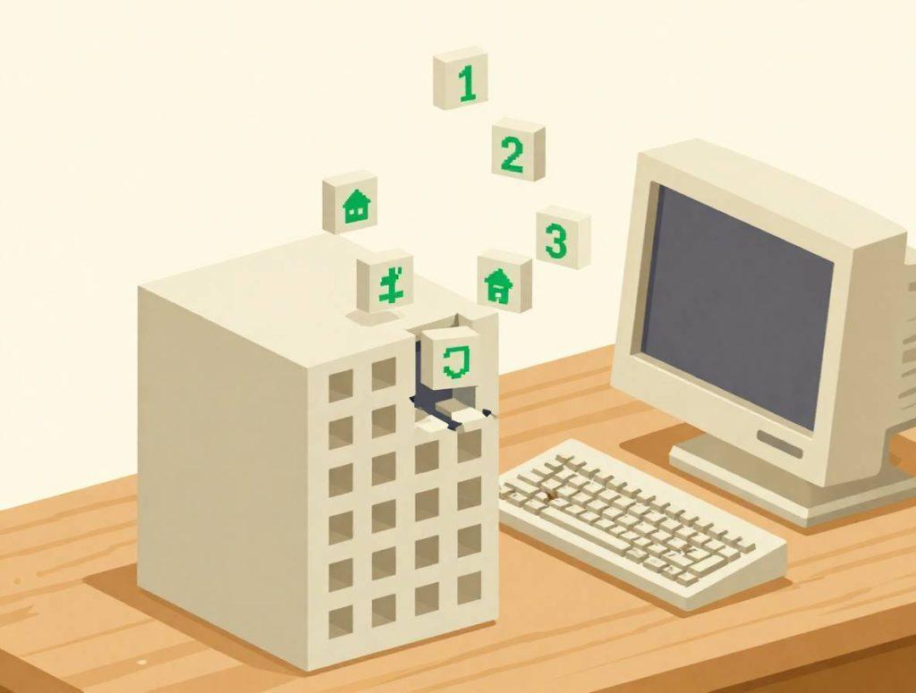 Ilustração de um imóvel sendo dividido digitalmente em partes tokenizadas usando blockchain.