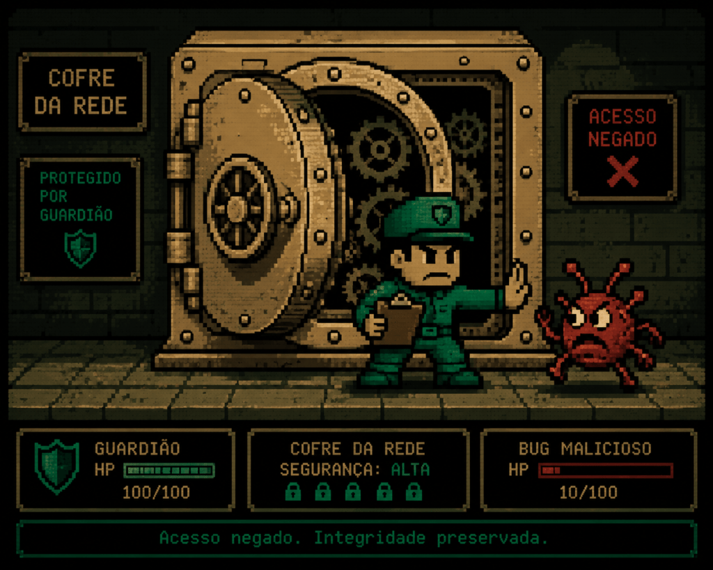 Ilustração retro representando o borrow checker do Rust como um guardião que impede bugs de memória de entrarem em sistemas críticos