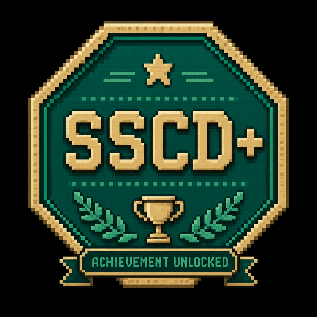 Selo de certificação pixel art estilo conquista de videogame retrô representando a certificação SSCD+ da Cyfrin Updraft