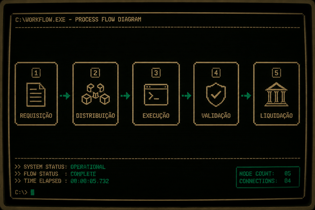 Fluxograma retrô explicando como um agente de IA se comunica on-chain, da requisição até a liquidação automática do pagamento.