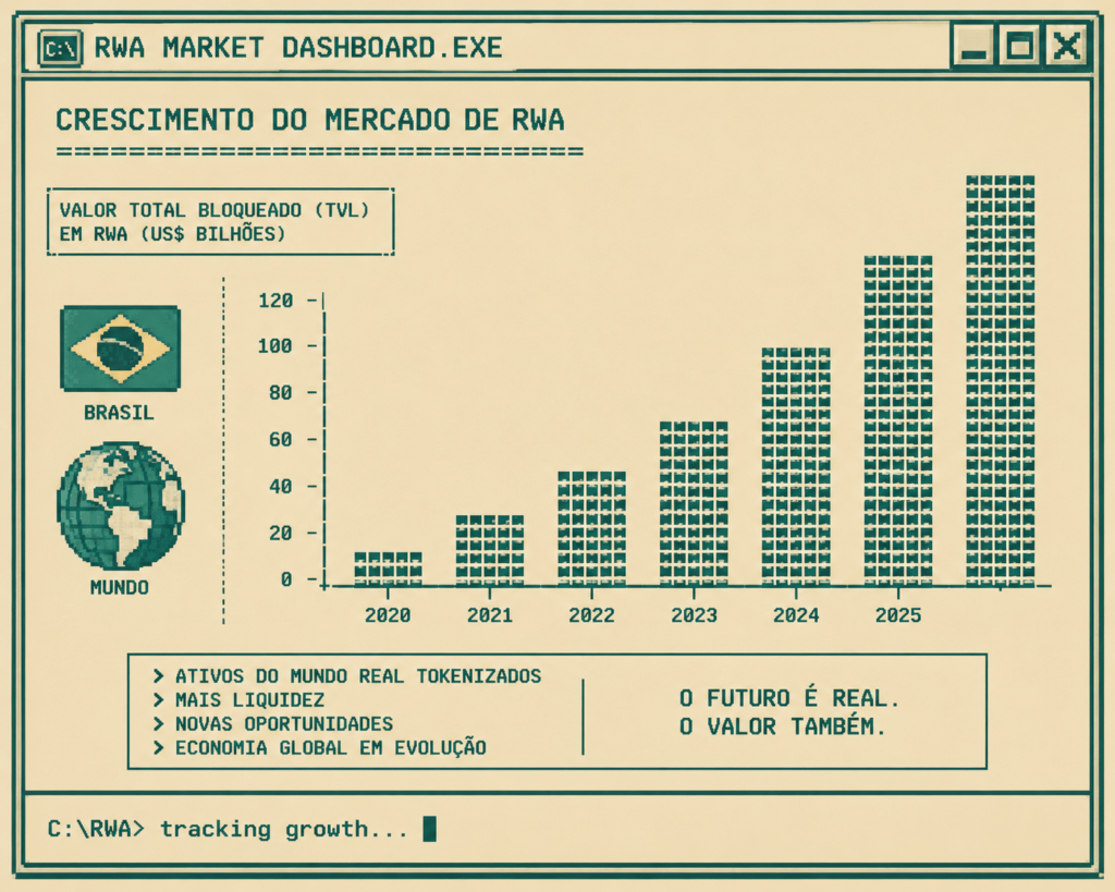 Gráfico retro estilo terminal DOS ilustrando o crescimento do mercado de ativos do mundo real (RWA) tokenizados no Brasil e no mundo.