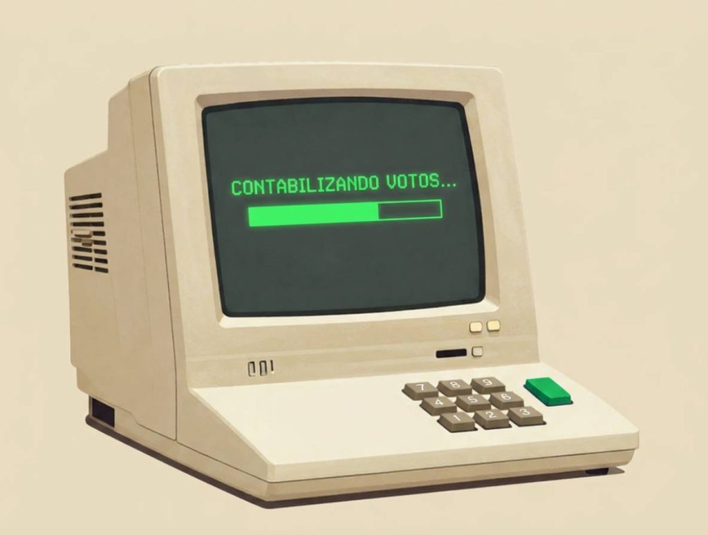 Ilustração retrô de um sistema de votação transparente baseado em blockchain, exibido em uma urna eletrônica estilo anos 90.