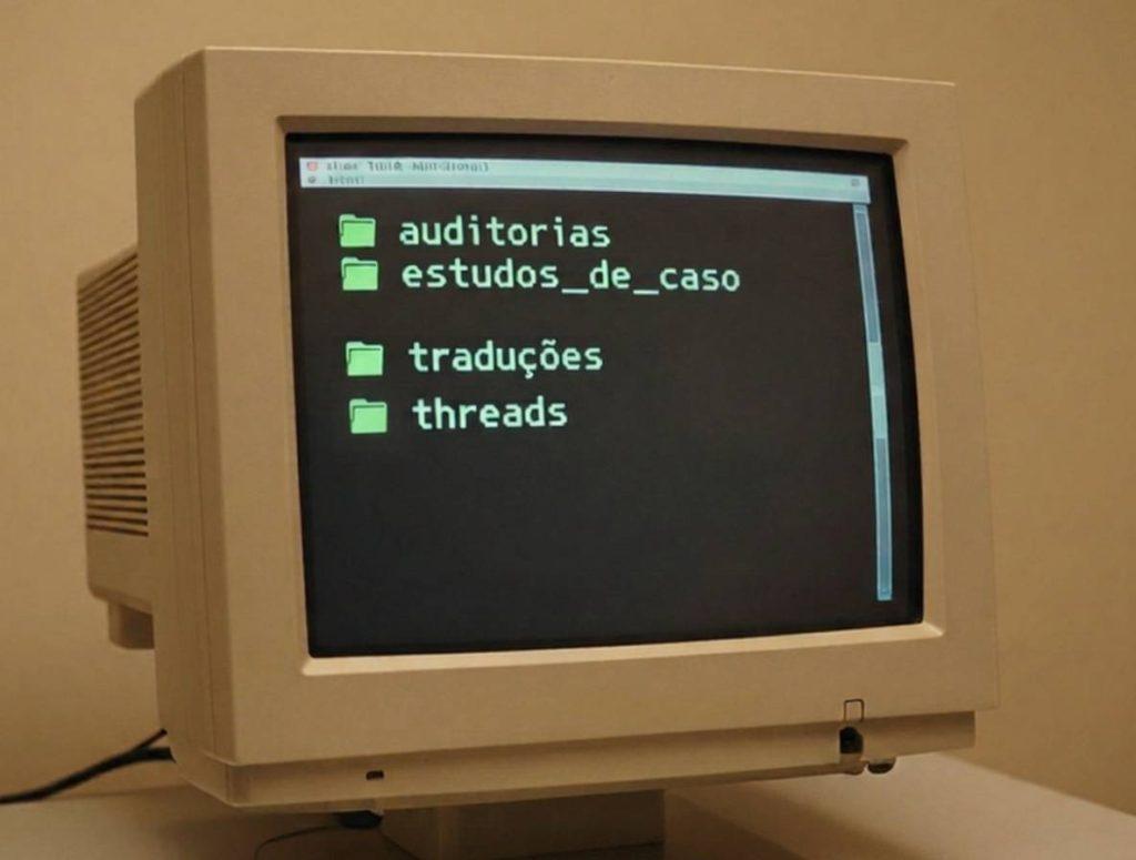 Interface estilo terminal retrô mostrando portfólio Web3 organizado em pastas temáticas como auditorias, estudos de caso e traduções.