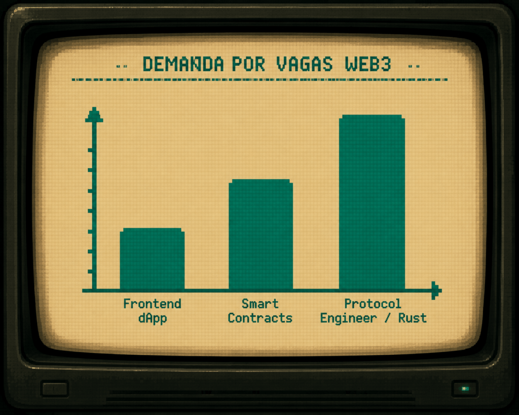 Gráfico ilustrativo comparando a demanda crescente por vagas de engenharia de protocolo em Rust frente a outras posições Web3