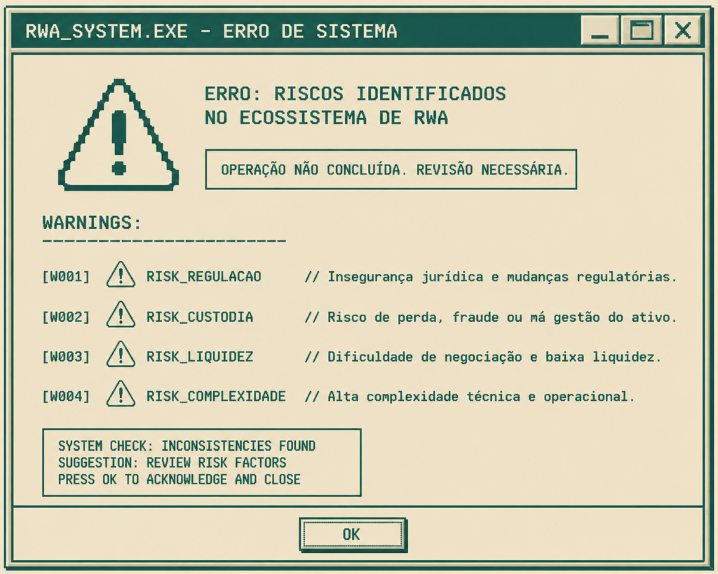 Tela de aviso estilo sistema operacional retro listando os principais riscos e desafios da tokenização de ativos.