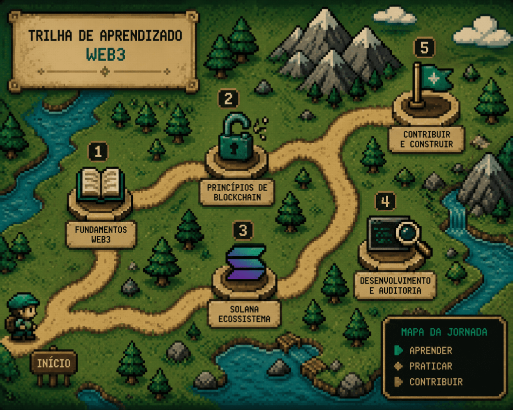 Mapa ilustrativo em estilo retro mostrando os cinco passos para aprender Rust e migrar para engenharia de protocolo Web3