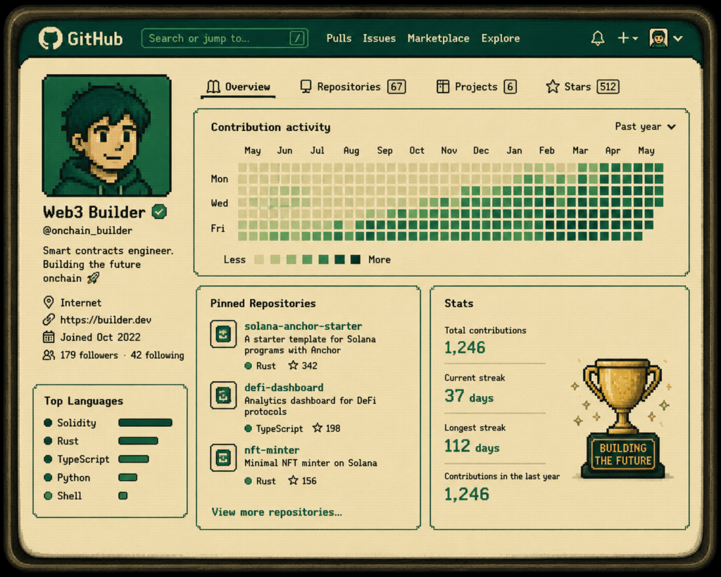 Perfil de GitHub em estilo pixel art com gráfico de contribuições em verde terminal, representando a construção de portfólio Web3