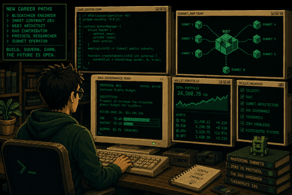 Ilustração retrô de um profissional trabalhando com ferramentas de IA descentralizada e governança on-chain.