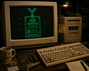 Monitor CRT retro exibindo um crachá VIP digital em verde terminal, representando o conceito de EIP-7702 e account abstraction na Ethereum.