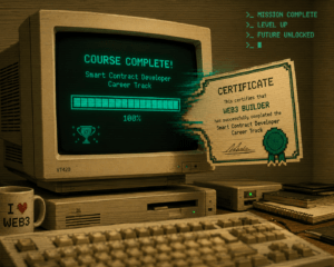 Monitor CRT retrô bege exibindo barra de progresso em verde terminal com certificado digital saindo da tela, representando o curso gratuito de blockchain da Cyfrin Updraft