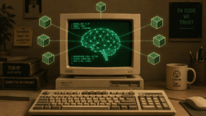 Ilustração retrô de um computador CRT bege mostrando um cérebro digital conectado a blocos de blockchain, representando a IA descentralizada.