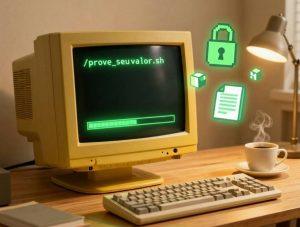 Computador retrô estilo anos 90 com tela verde mostrando terminal executando script de portfólio Web3, representando o conceito de Proof of Work na carreira tech.