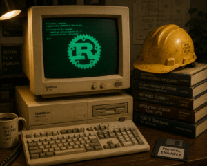 Computador retro estilo CRT bege exibindo o símbolo da linguagem Rust em verde terminal, representando a carreira de engenharia de protocolo em Web3