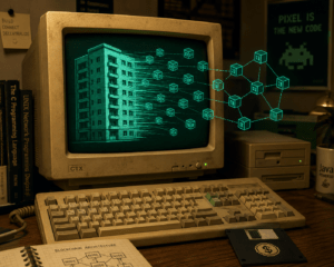 Ilustração retro estilo computador dos anos 90 mostrando um prédio sendo transformado em tokens digitais conectados a uma blockchain, representando o conceito de tokenização de ativos reais.