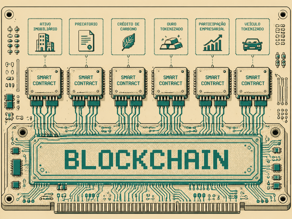 Diagrama mostrando smart contracts como componentes rodando sobre a infraestrutura da blockchain
