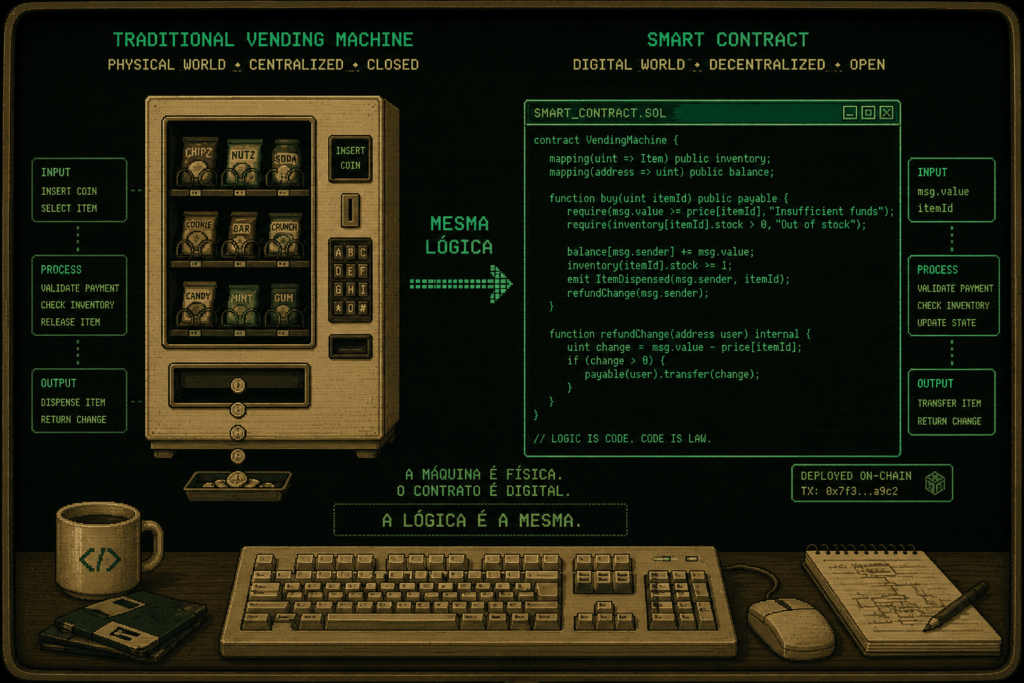 Comparação visual entre uma máquina de vendas automática e um smart contract mostrando a mesma lógica de funcionamento