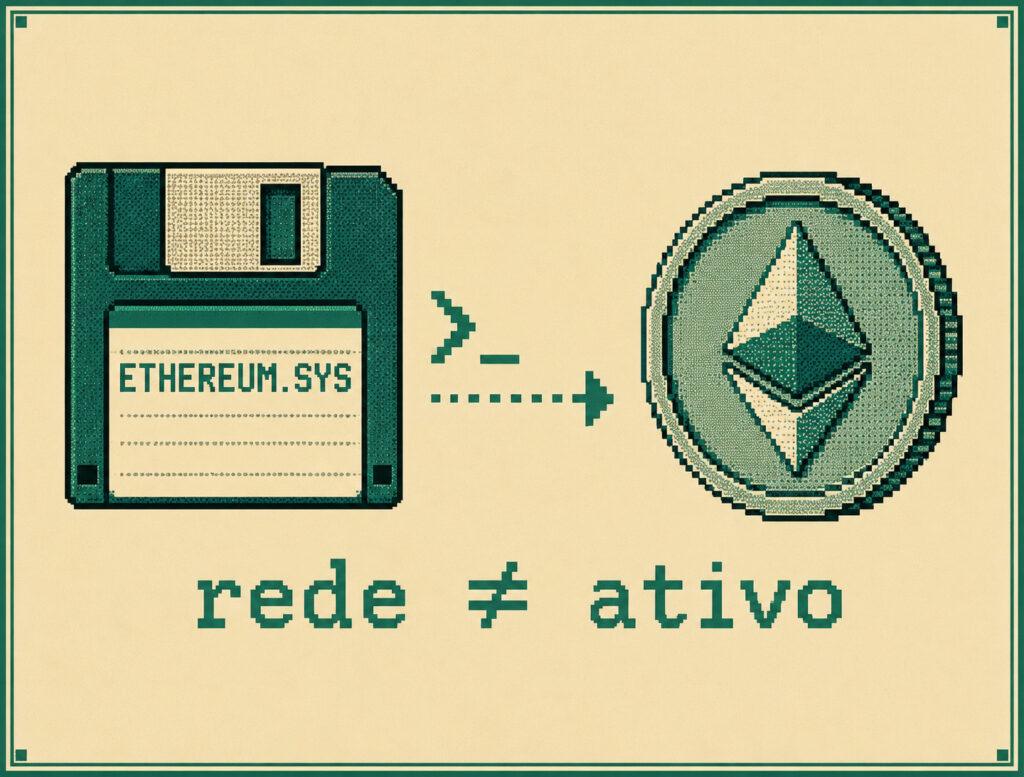 Diagrama comparando Ethereum como rede e protocolo com ETH como ativo nativo digital.