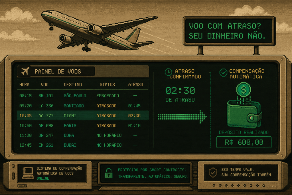 Ilustração retro mostrando smart contract de seguro de voo pagando indenização automaticamente após atraso