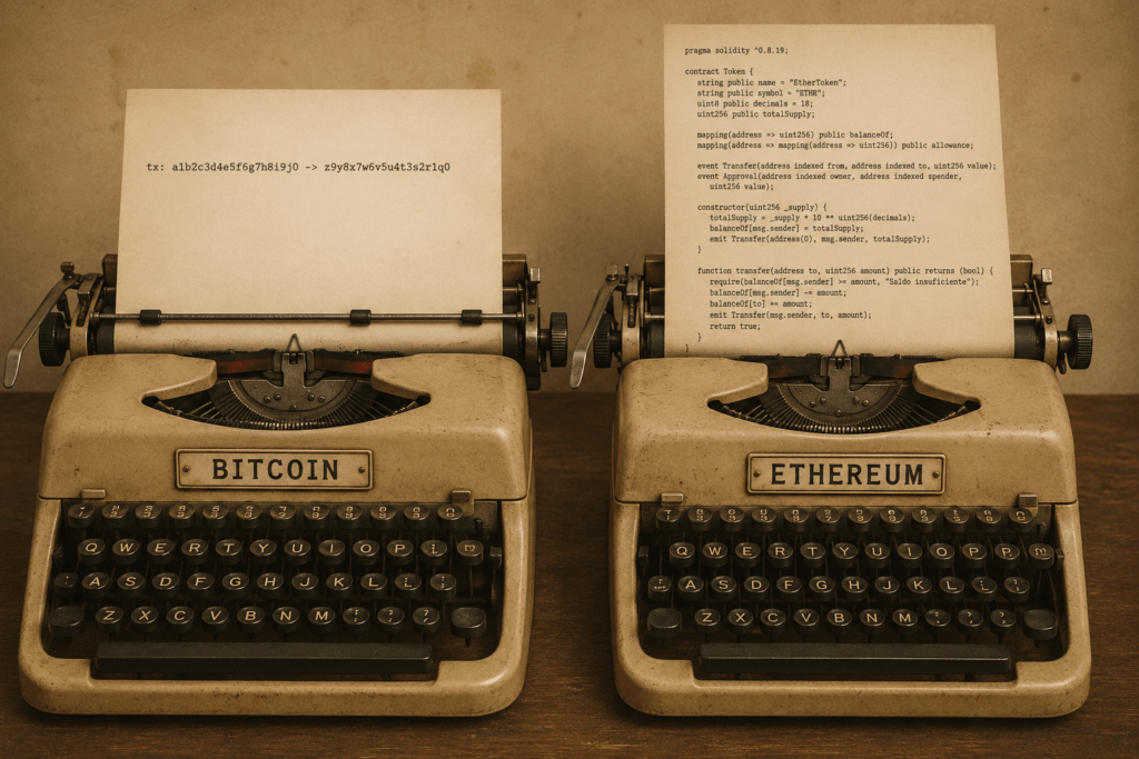 Comparação ilustrada entre a proposta do Bitcoin e do Ethereum usando máquinas de escrever retrô