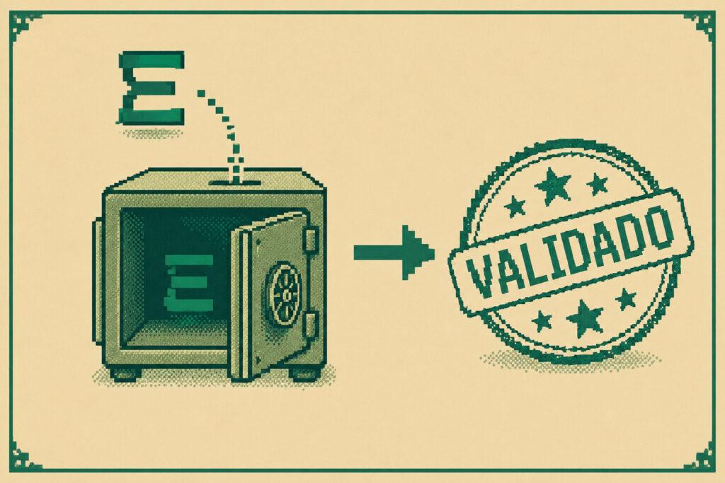 Ilustração representando staking de ETH e validação de blocos no mecanismo Proof of Stake da Ethereum.